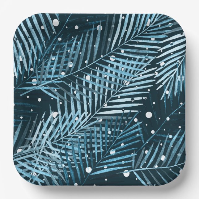 Palm leaves on blue with white polka dots. paper plate (Front)