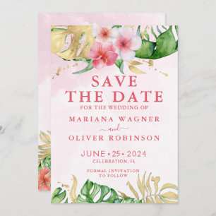 Palm Leaves Pink Gold Save the Date Invitation