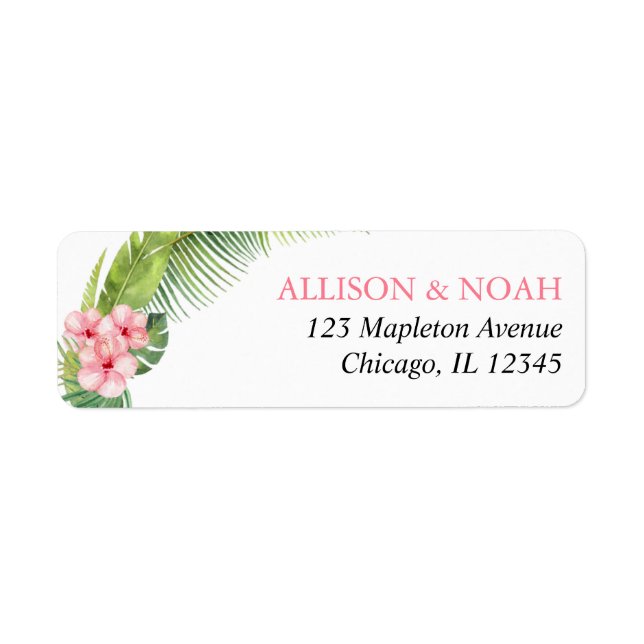 Palm leaves pink hibiscus tropical return address label (Front)