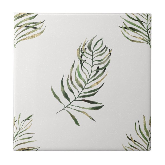 Palm Leaves Seamless on White Spot Ceramic Tile (Front)