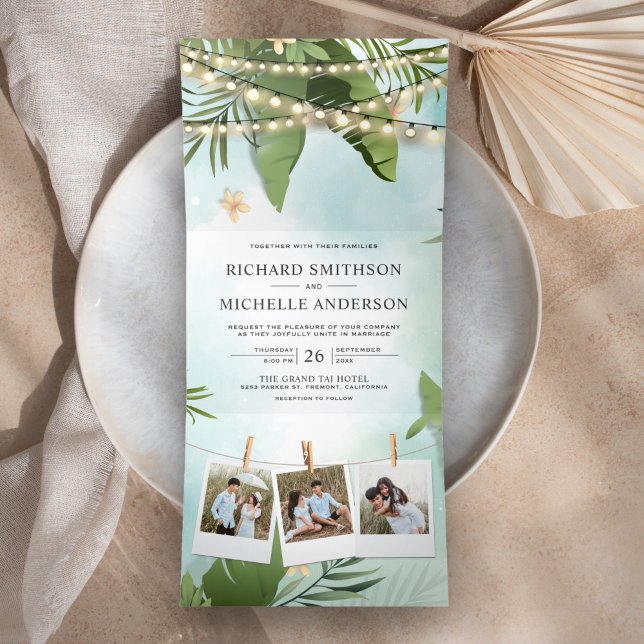 Palm Leaves String Lights Photo Collage Wedding Tri-Fold Invitation (Creator Uploaded)
