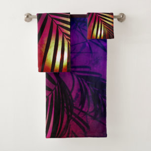 Palm leaves sunset modern tropical purple gold bath towel set