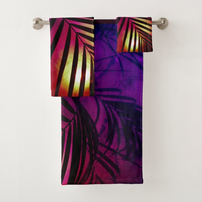 Palm leaves sunset modern tropical purple gold bath towel set (Insitu)