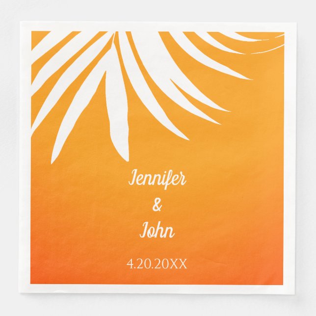Palm Leaves Sunset Orange Cool Tropical Wedding Napkin (Front)