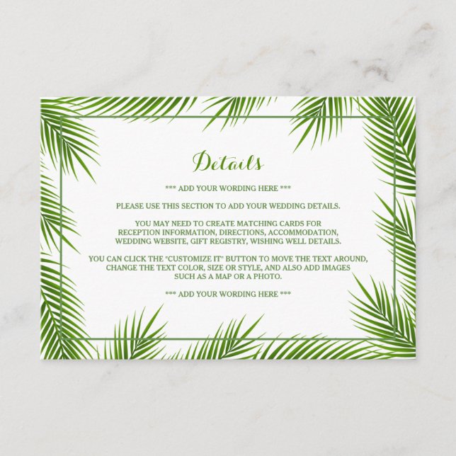 Palm Leaves Tropical Beach Wedding Detail Enclosure Card (Front)