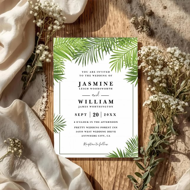 Palm Leaves Tropical Elegant Chic QR Code Wedding Invitation (Creator Uploaded)