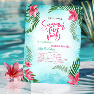 Palm Leaves,Tropical Flowers Summer Birthday Party Invitation