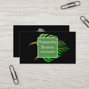 Palm Leaves Tropical Island Green & White  Business Card