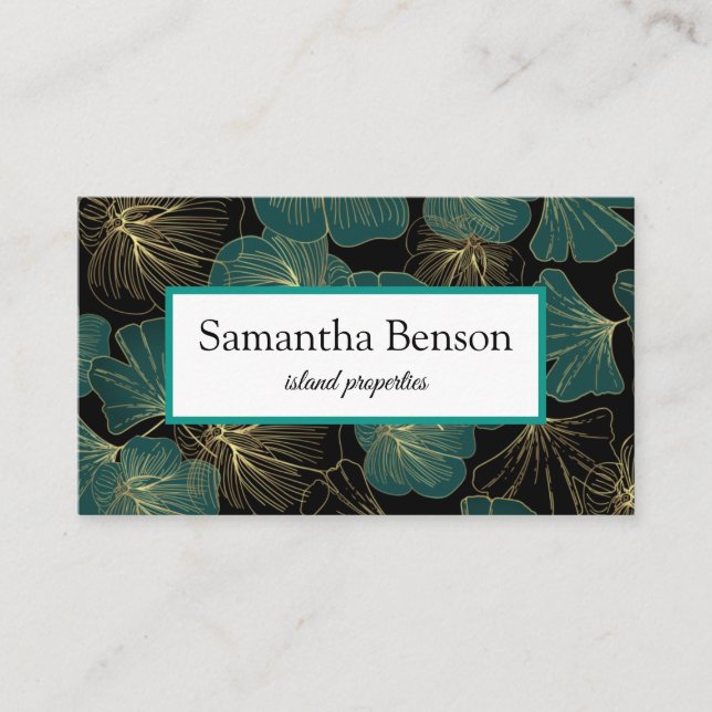 Palm Leaves Tropical Island Green & White  Business Card (Front)