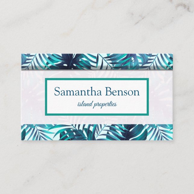 Palm Leaves Tropical Island Green & White Square B Business Card (Front)