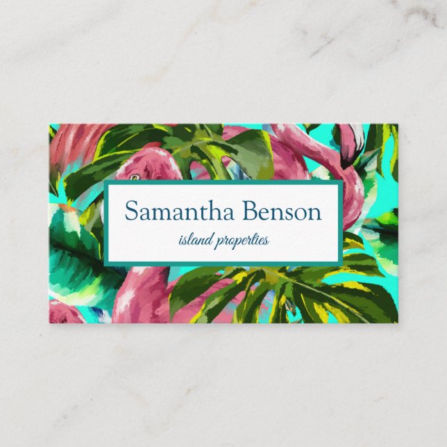 Palm Leaves Tropical Island Green & White Square B Business Card (Front)