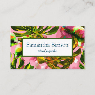 Palm Leaves Tropical Island Green & White Square B Business Card