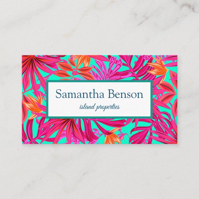 Palm Leaves Tropical Island Green & White Square B Business Card (Front)