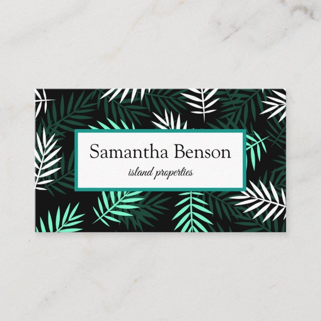 Palm Leaves Tropical Island Green & White Square Business Card (Front)