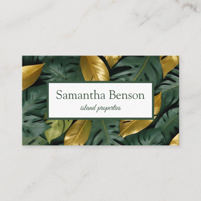Palm Leaves Tropical Island Green & White Square Business Card (Front)