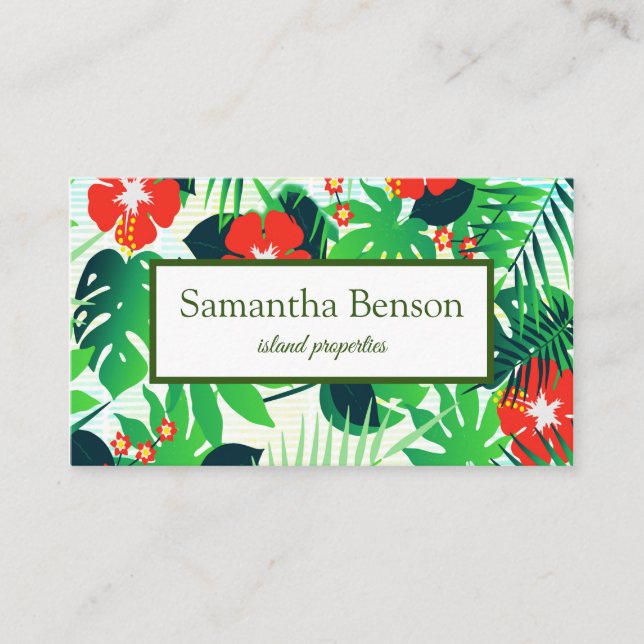 Palm Leaves Tropical Island Green & White Square Business Card (Front)