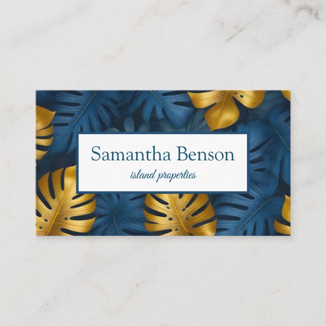 Palm Leaves Tropical Island Green & White Square Business Card (Front)