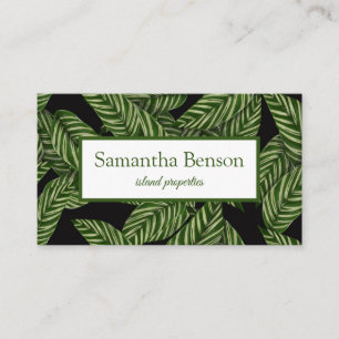 Palm Leaves Tropical Island Green & White Square Business Card