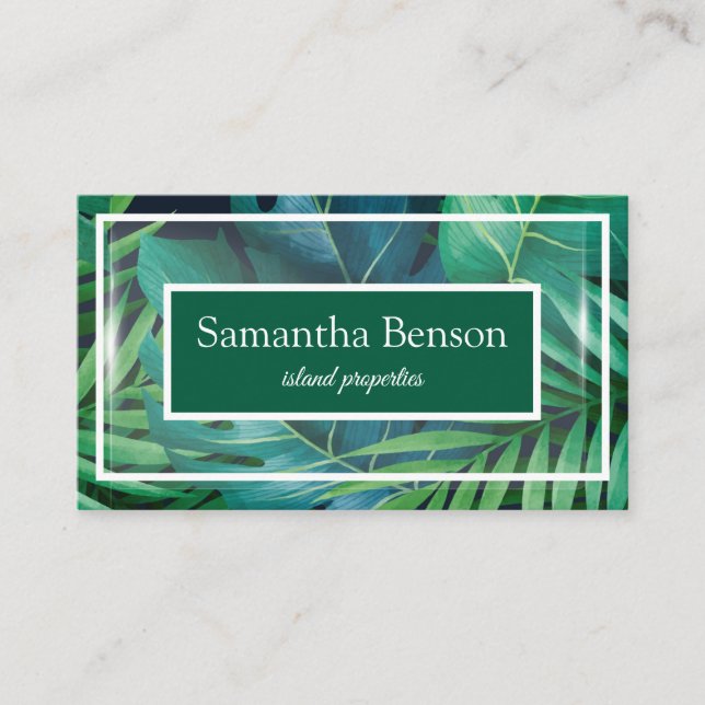 Palm Leaves Tropical Island Green & White Square  Business Card (Front)