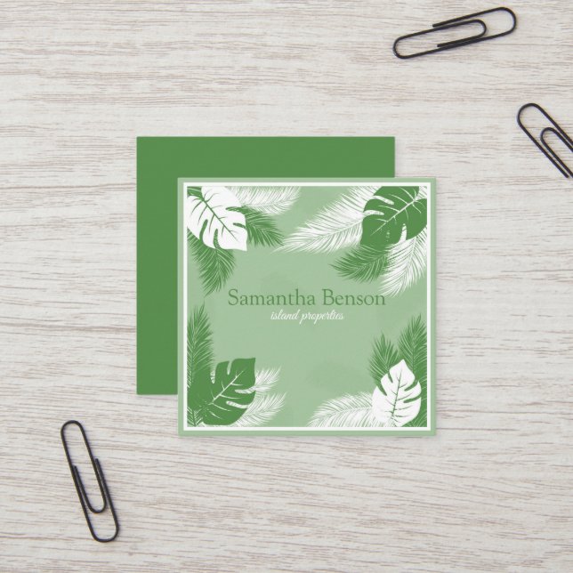 Palm Leaves Tropical Island Green & White Square Square Business Card (Front/Back In Situ)