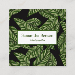 Palm Leaves Tropical Island Green & White Square Square Business Card