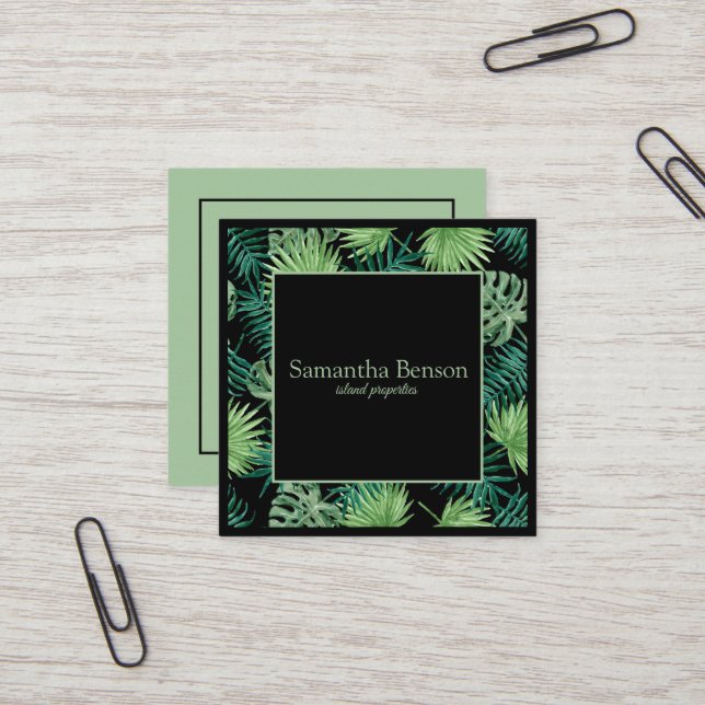 Palm Leaves Tropical Island Green & White Square Square Business Card (Front/Back In Situ)