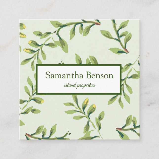 Palm Leaves Tropical Island Green & White Square Square Business Card (Front)