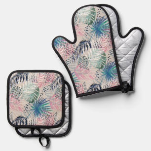 Palm leaves, tropical oven mitt & pot holder set