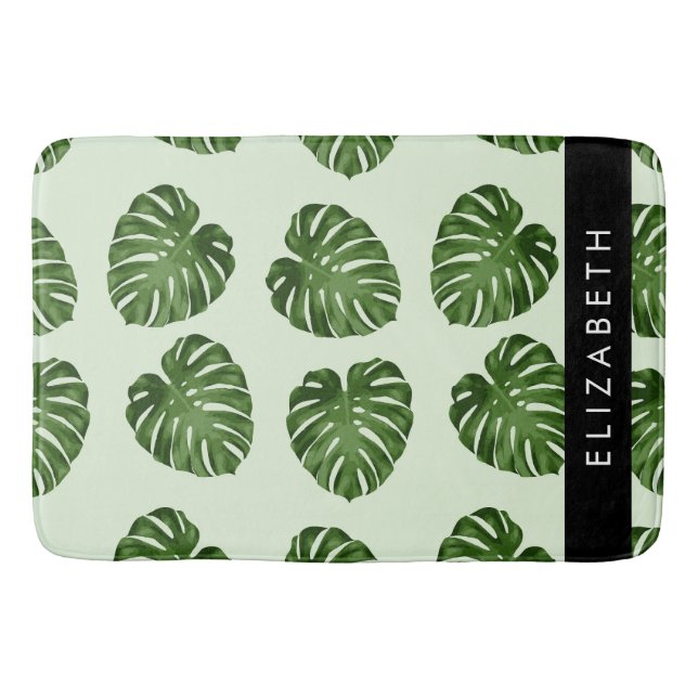 Palm Leaves, Tropical Pattern, Your Name Bath Mat (Front)