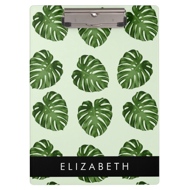 Palm Leaves, Tropical Pattern, Your Name Clipboard (Front)