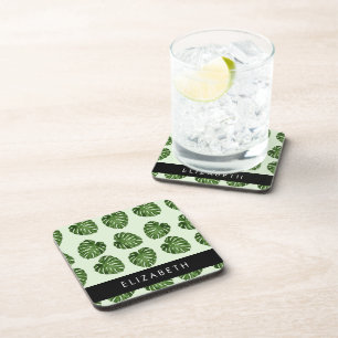 Palm Leaves, Tropical Pattern, Your Name Coaster