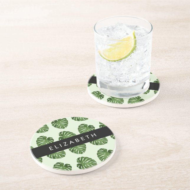 Palm Leaves, Tropical Pattern, Your Name Coaster (Side)