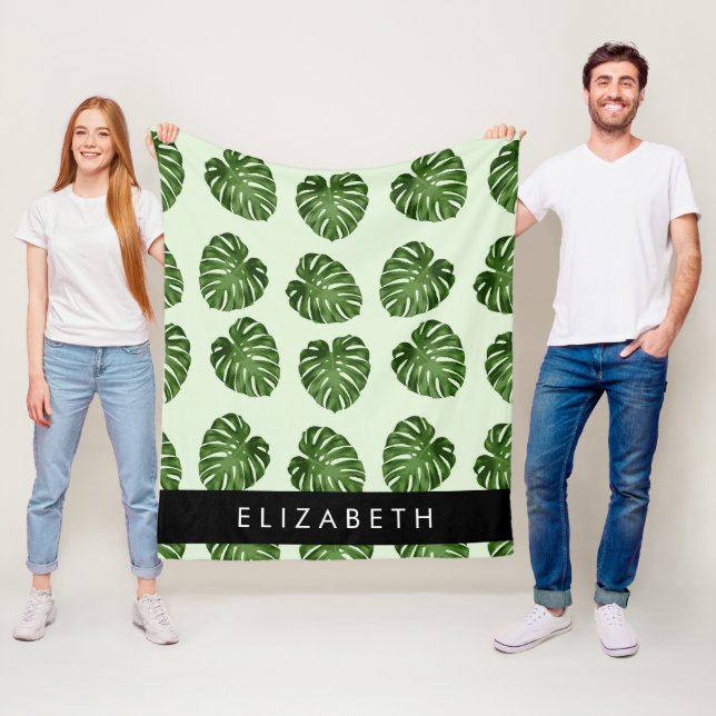 Palm Leaves, Tropical Pattern, Your Name Fleece Blanket (In Situ)