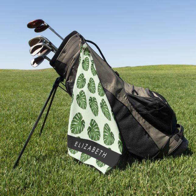 Palm Leaves, Tropical Pattern, Your Name Golf Towel (Green)
