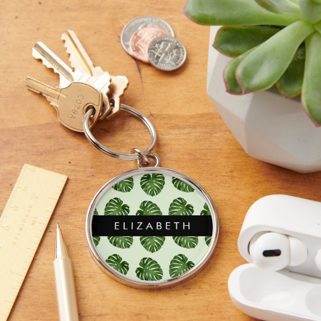 Palm Leaves, Tropical Pattern, Your Name Key Ring (Desk)