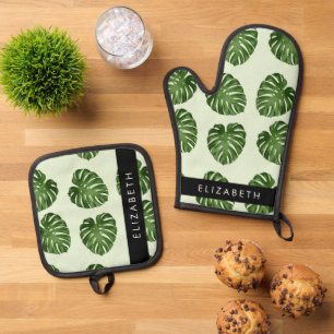 Palm Leaves, Tropical Pattern, Your Name Oven Mitt & Pot Holder Set