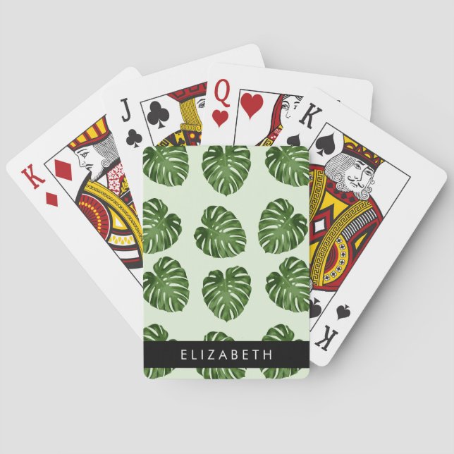 Palm Leaves, Tropical Pattern, Your Name Playing Cards (Back)