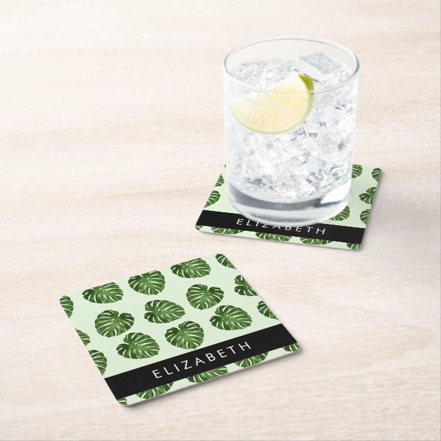 Palm Leaves, Tropical Pattern, Your Name Square Paper Coaster (Insitu)