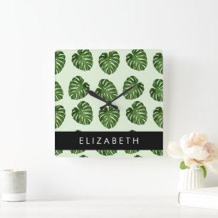 Palm Leaves, Tropical Pattern, Your Name Square Wall Clock