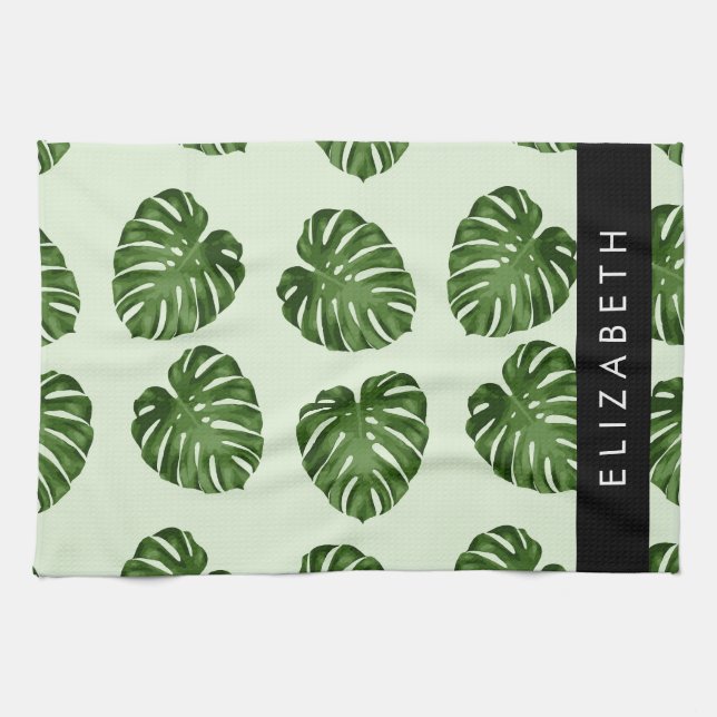 Palm Leaves, Tropical Pattern, Your Name Tea Towel (Horizontal)