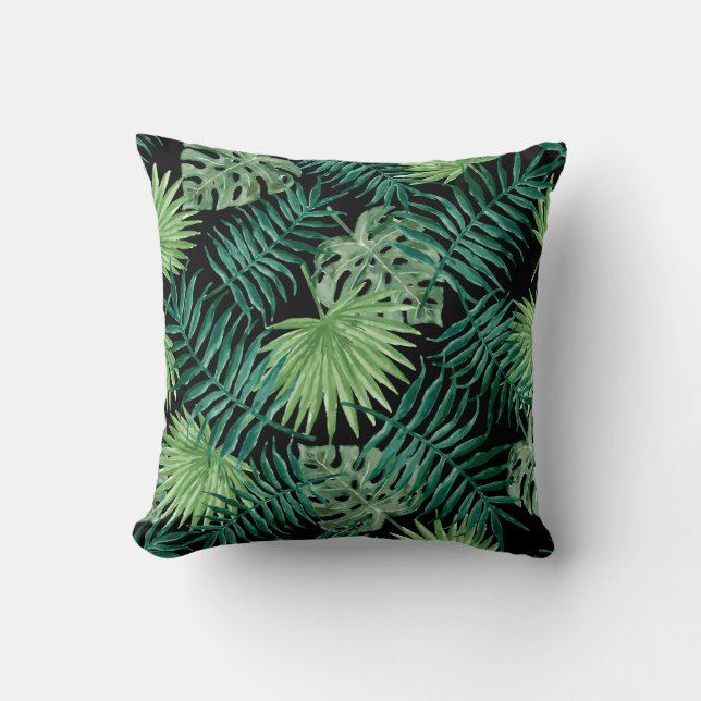 Palm Leaves Tropical Print Black Cushion (Front)