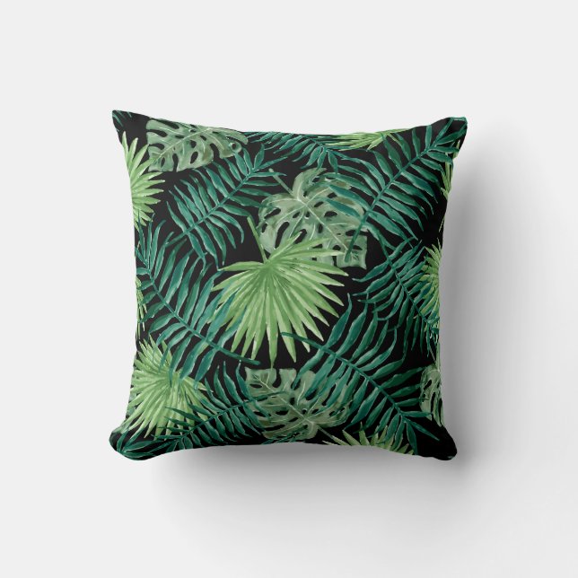 Palm Leaves Tropical Print Black Cushion (Front)
