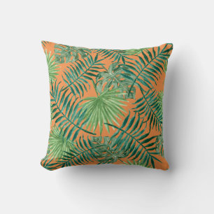 Palm Leaves Tropical Print Orange Cushion