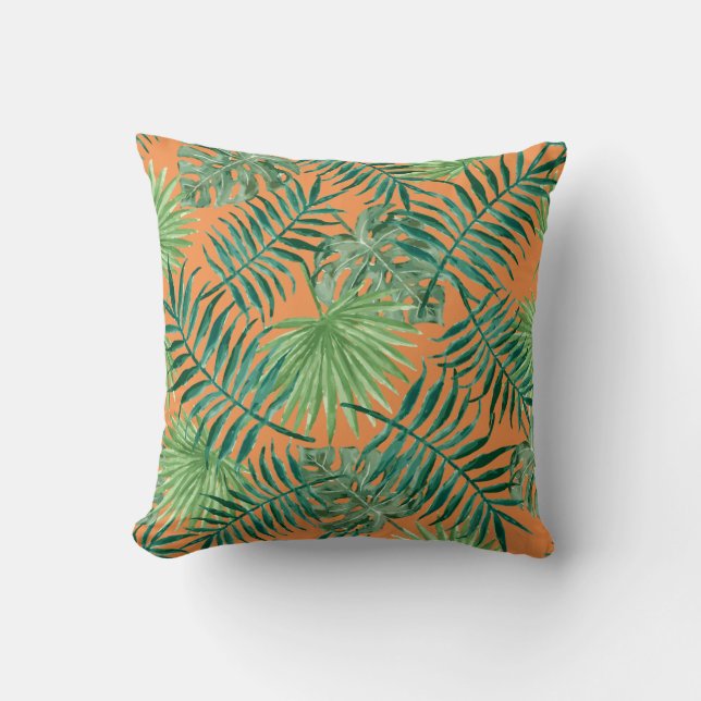 Palm Leaves Tropical Print Orange Cushion (Front)