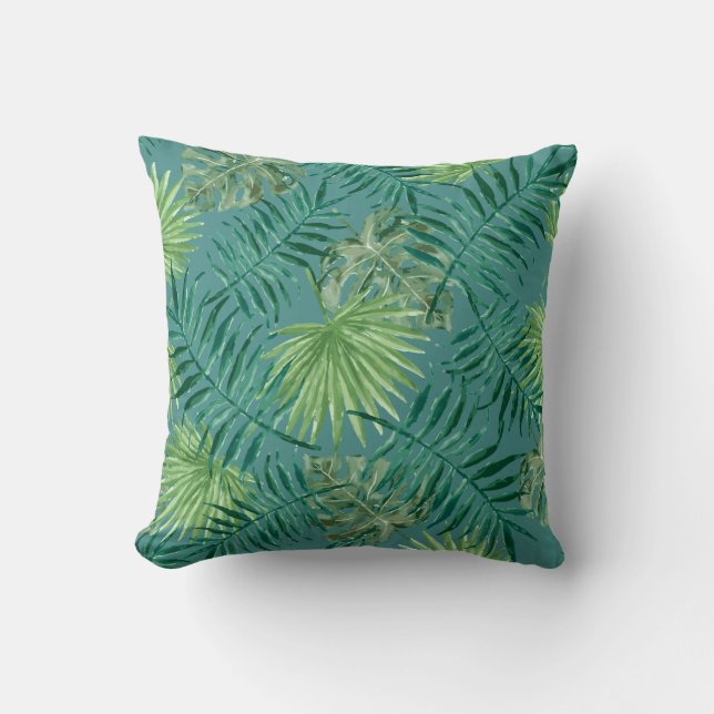 Palm Leaves Tropical Print Teal Cushion (Front)