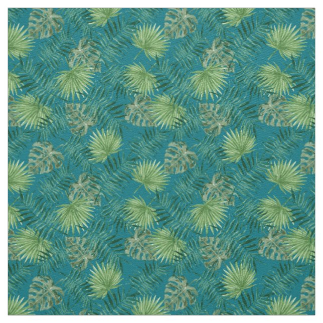 Palm Leaves Tropical Print Teal Fabric (Swatch)