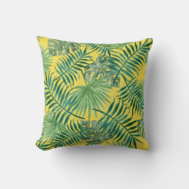 Palm Leaves Tropical Print Yellow Cushion (Front)