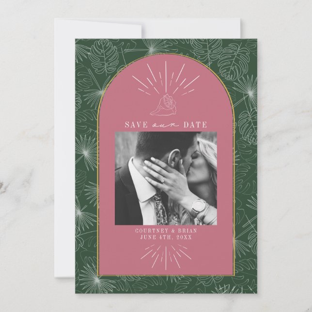 Palm Leaves Tropical Seashell Pink & Green Photo Save The Date (Front)