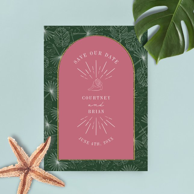 Palm Leaves Tropical Seashell Pink Green Save The  Date (Creator Uploaded)