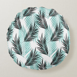 Palm Leaves Tropical Tree Bright Turquoise Black Round Cushion